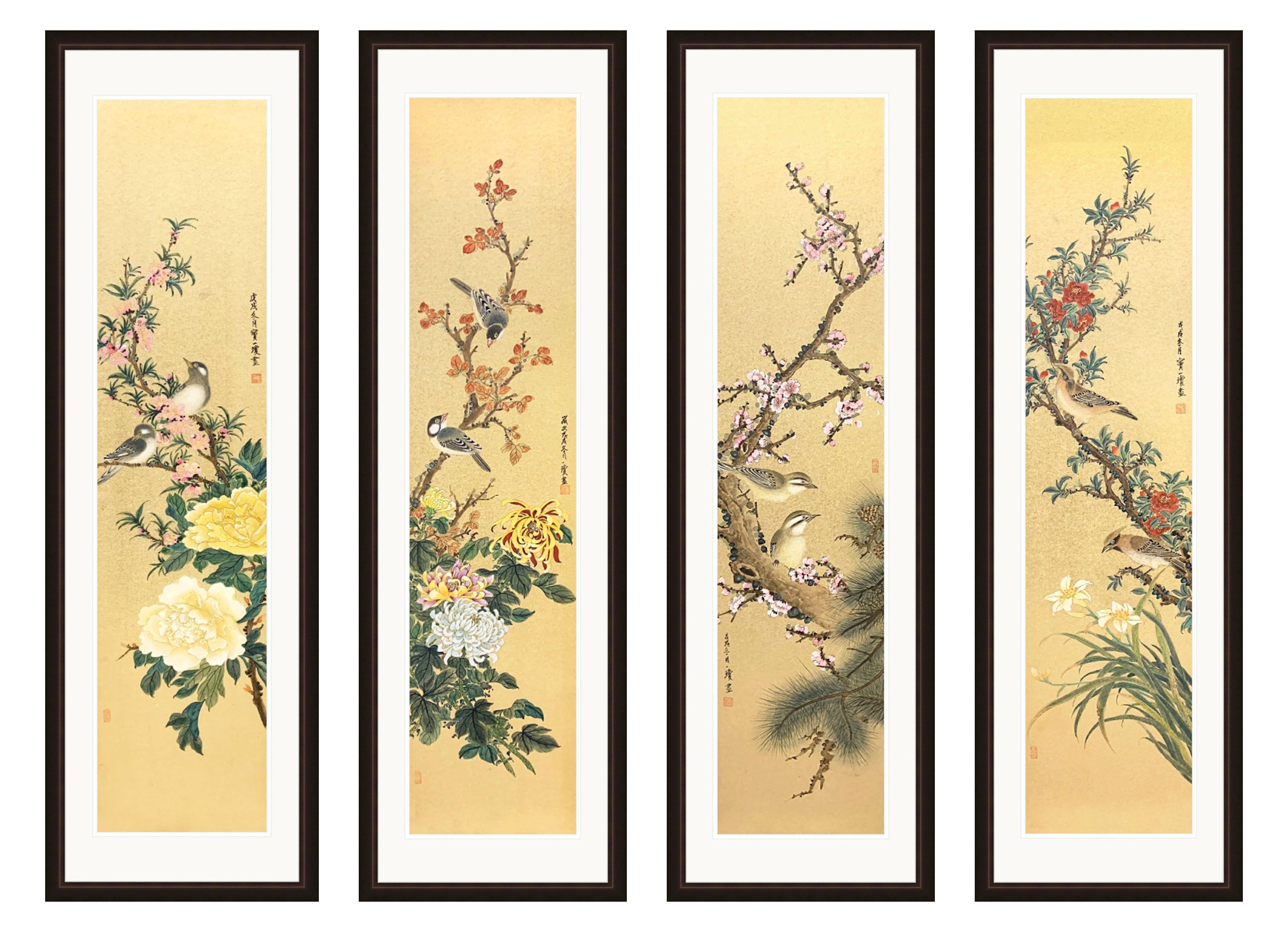 工笔四屏(牡丹,菊花,桃花,山茶花) Chinese Painting Series (Peony, Chrysanthemum, Peach  Blossom,Camellia)