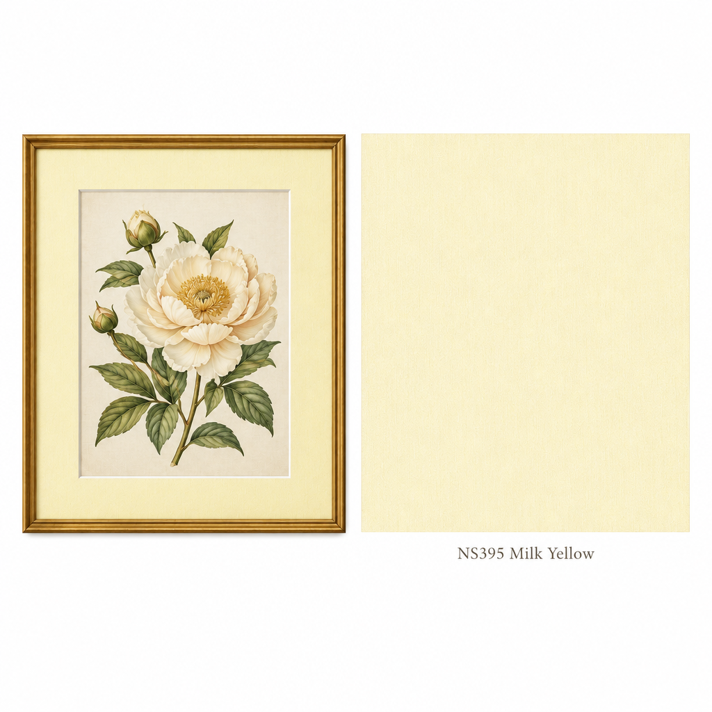 NS395 Milk Yellow matboard: framed artwork and colour swatch