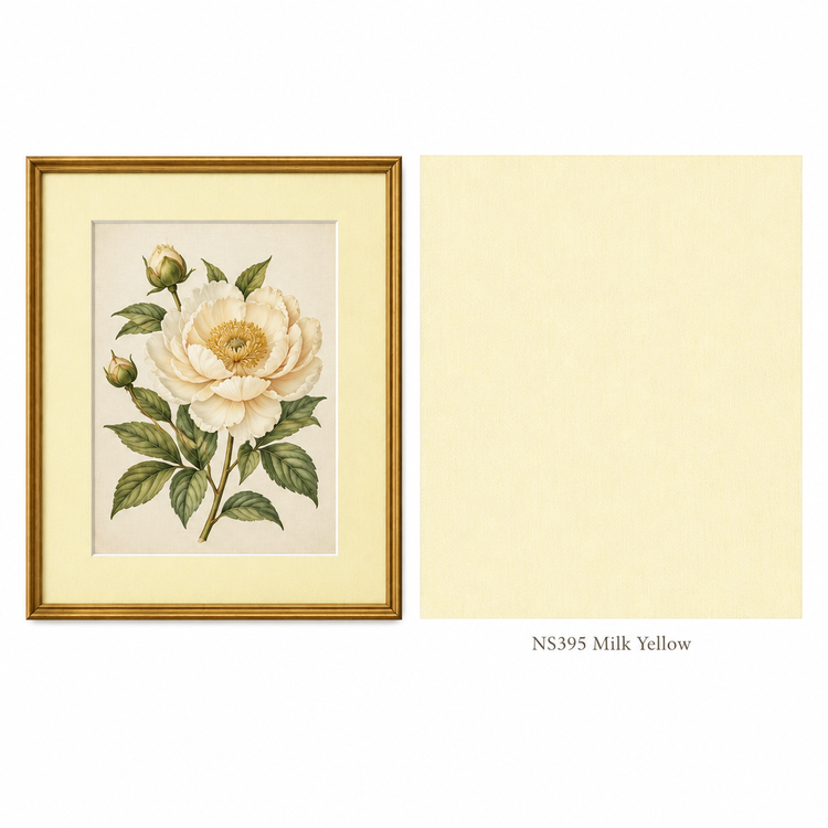 NS395 Milk Yellow matboard: framed artwork and colour swatch