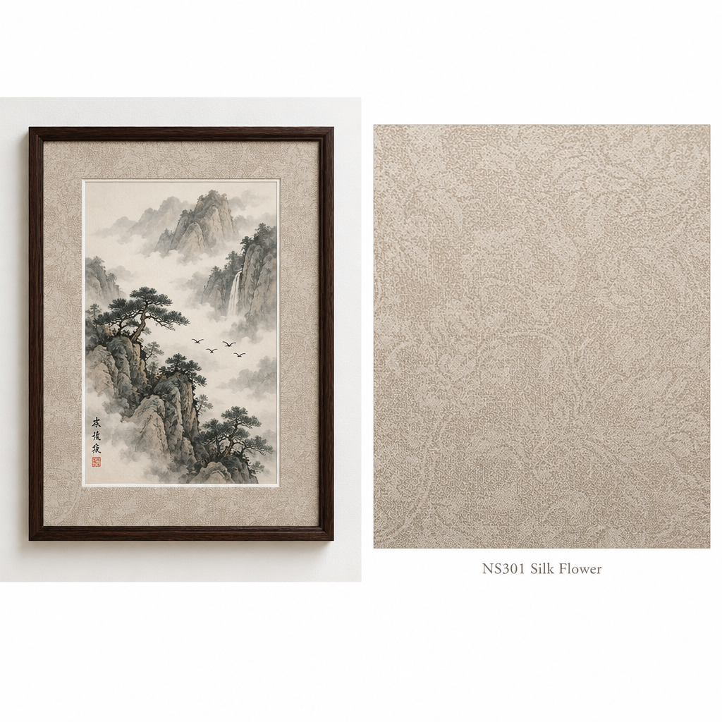 NS301 Silk Flower matboard framing a Chinese ink painting, with colour swatch