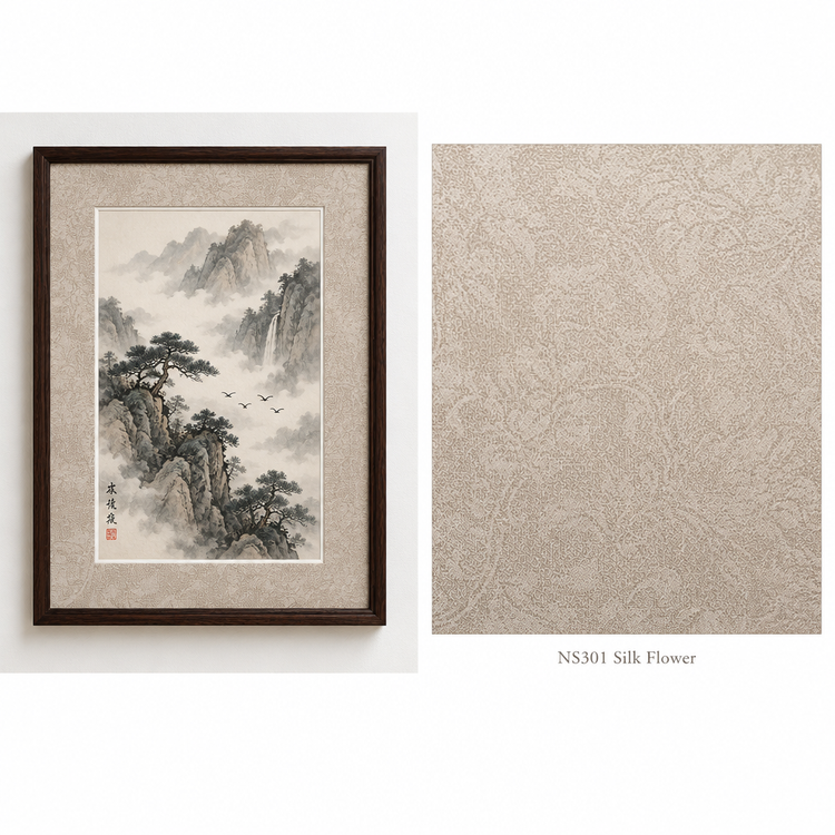 NS301 Silk Flower matboard framing a Chinese ink painting, with colour swatch
