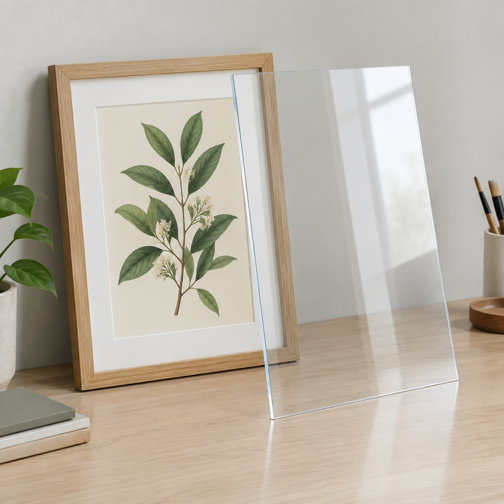 Illustration of a clear acrylic sheet beside framed artwork on a worktable