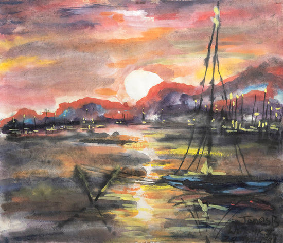 抽象-日落、渔船