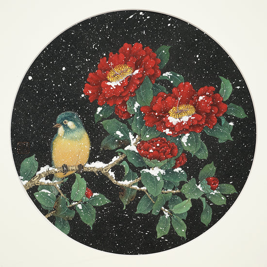 工笔绢本小品-7 ( Camellia with Bird 山茶花小鸟)